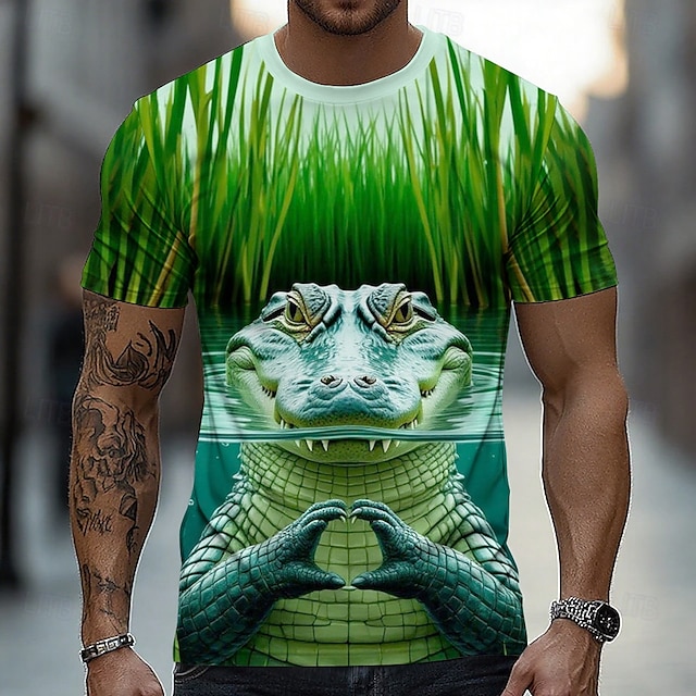  男性用 クロコダイル おかしい Tシャツ 半袖 Tシャツ 3Dプリント クルーネック シャツ 誇張された デザイナー パーティー ストリート カジュアル 緑 2# ライトグリーン ミントグリーン 夏 春 オールシーズン 衣類 S M L XL XXL XXXL