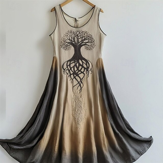 Women's Midi Dress Casual Dress Swing Dress Summer Dress Boho Dress Vintage Fashion Daily Beach Weekend Regular Fit Tree Sleeveless Crew Neck Khaki Summer Spring4