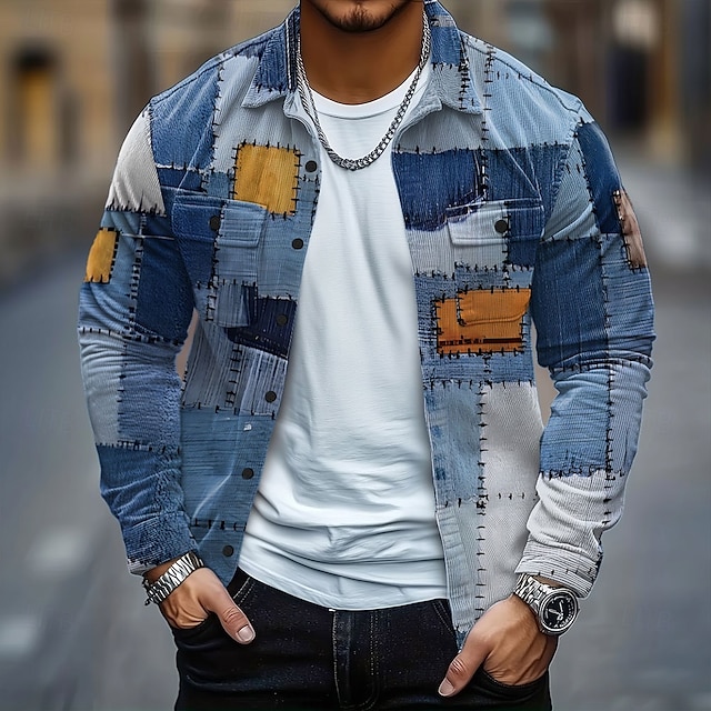 Pánské Barevné bloky Slátanina Jako džínovina Kordurová košile Košile bunda Overshirt Dlouhý rukáv Vintage Retro Venkovní Na den Podzim Zima Přehnutý Tlačítko dolů Teplé Bunda s klopovými kapsami