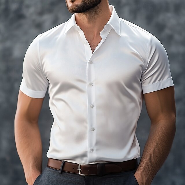 Men's Shirt Silk Like Satin Shirt Summer Shirt Casual Shirt Button Up Shirt Plain Formal Wedding White Short Sleeve Lapel Summer All Seasons Clothing Apparel Classic3