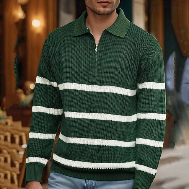 Men's Pullover Sweater Jumper Quarter Zip Sweaters Knit Sweater Ribbed Knit Regular Tops Knitted Stripe Half Zip Fashion Casual Vacation Daily Wear Clothing Apparel Fall Winter Black Green M L XL3