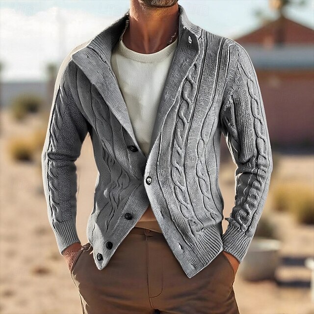 Men's Cardigan Sweater Cropped  Sweater Knit Sweater Ribbed Knit Regular Tops Buttons Plain Stand Collar Fashion Classic Vacation Daily Wear Clothing Apparel Fall Winter Black khaki M L XL4