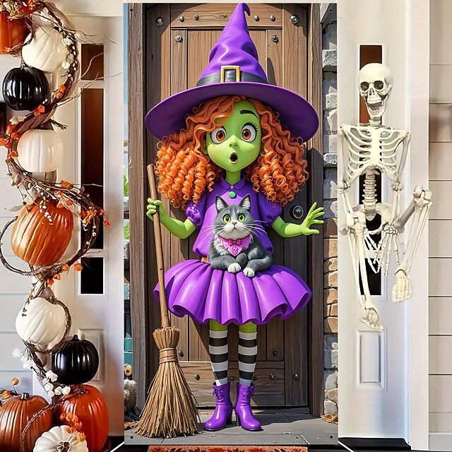 Halloween Witch Door Cover for Indoor/Outdoor – Cute Green Witch Girl with Cat and Broom, Cartoon Style Front Door Decoration for Trick or Treat4