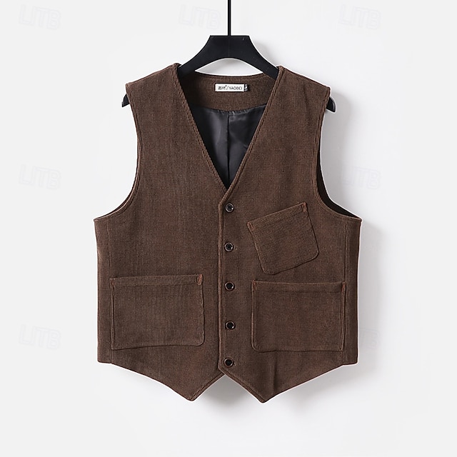  Herren Cordweste Weste Gilet Urlaub Party Geschäft Mode Lässig Frühling Herbst Tasche Knöpfe Polyester Bequem Einfach Einreihig Ein-Knopf V Ausschnitt Normale Passform Schwarz Grün Kaffee Weste