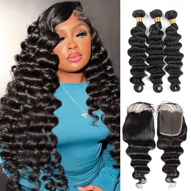  Extensiones de cabello humano brasileño suelto y profundo, 3 paquetes con cierre de encaje 4x4.