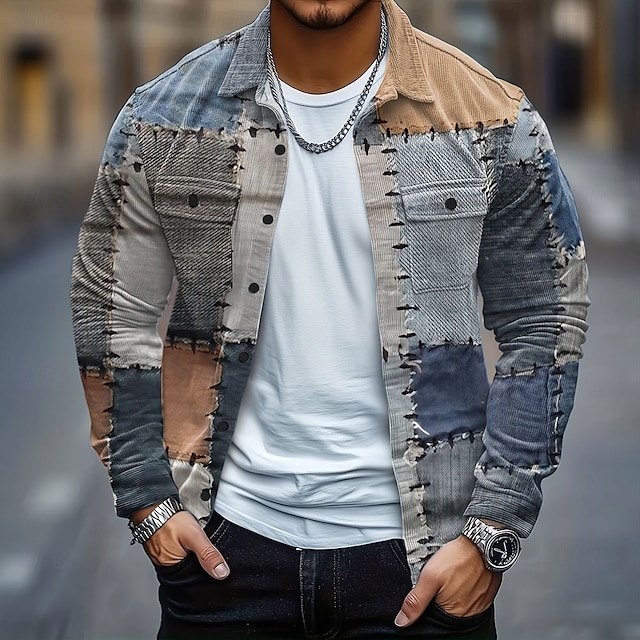  Pánské Barevné bloky Slátanina Jako džínovina Kordurová košile Košile bunda Overshirt Dlouhý rukáv Vintage Retro Venkovní Na den Podzim Zima Přehnutý Tlačítko dolů Teplé Bunda s klopovými kapsami