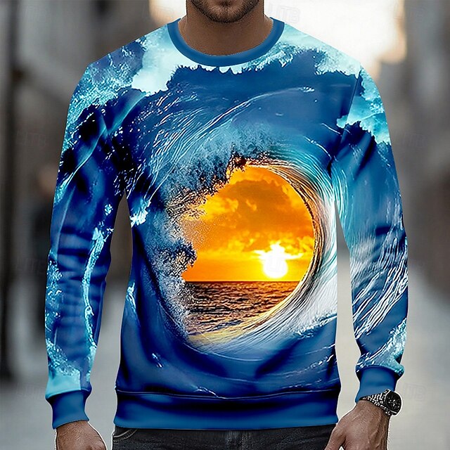 Men's Optical Illusion 3D Sweatshirt Casual Long Sleeve Crew Neck Vacation Party Gift Blue Crewneck 3D All Seasons Designer4