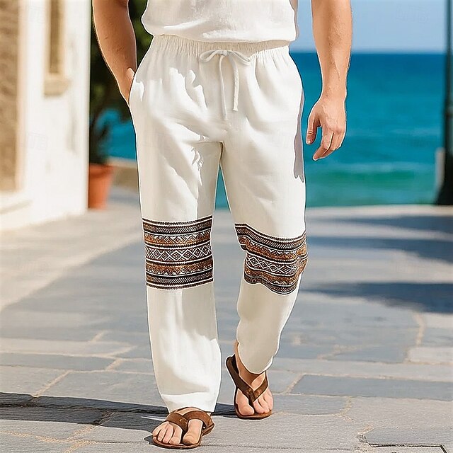 Men's Linen Pants Trousers Summer Pants Baggy Pants Boho Pants Drawstring Elastic Waist Print Plain Ethnic Comfort Breathable Full Length Outdoor Casual Daily Fashion Classic Style White Inelastic4