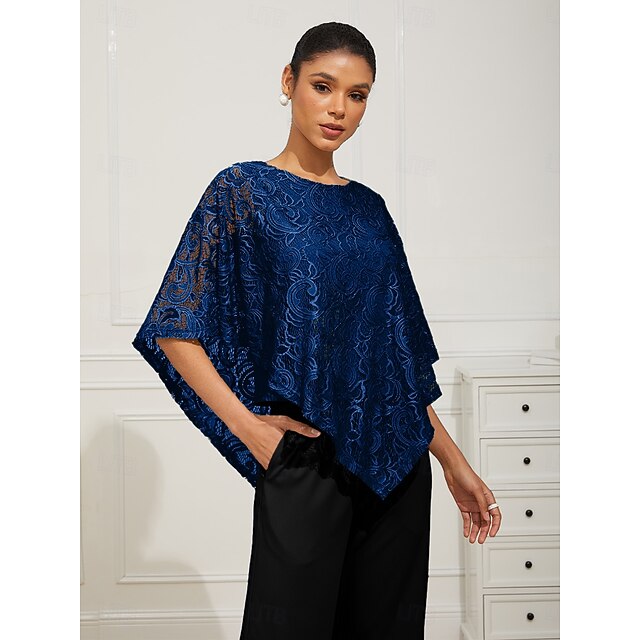 Women's Blouse Dressy Tops Elegant Half Sleeve Crew Neck Regular Tops Wedding Guest Daily Lace Patchwork Layered Royal Blue Summer Spring Fall4
