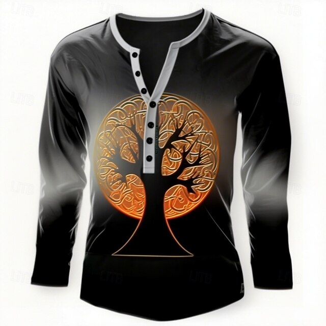 Men's Graphic Tree T Shirt Henley Shirt Tee Long Sleeve Vintage Designer Stylish Outdoor Casual Daily Spring & Summer All Seasons Black Henley Henley T-Shirt4