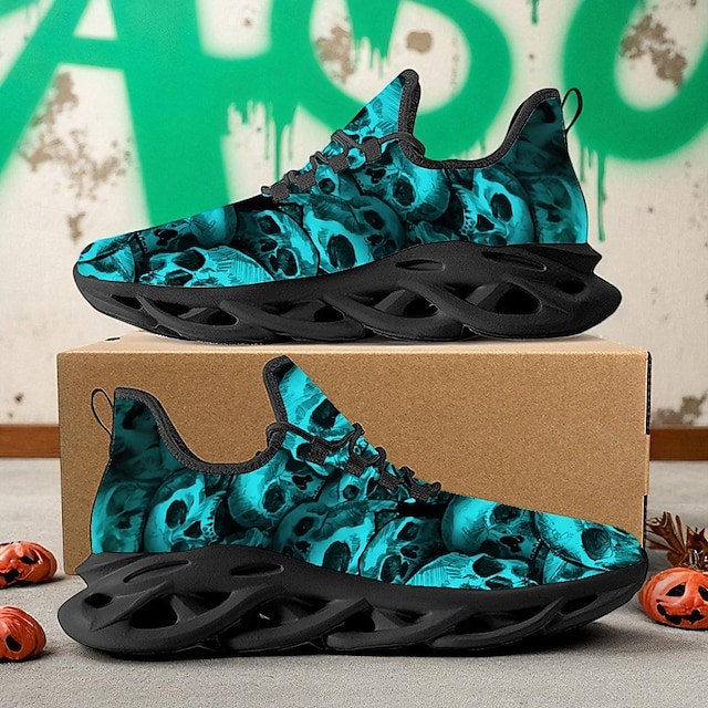 Zapatillas con cordones y estampado de calavera verde para hombre: zapatos casuales de estilo gótico de Halloween para fiestas, discotecas y moda urbana.