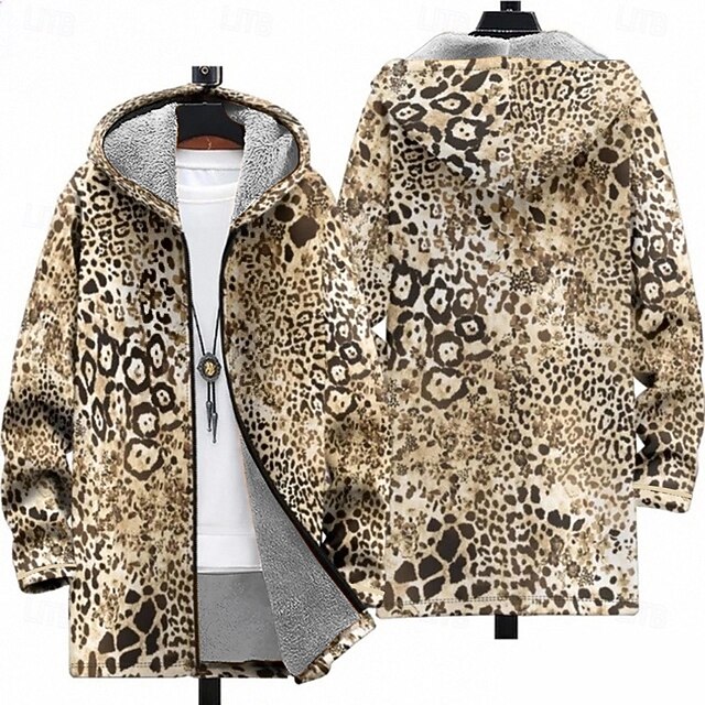 Men Leopard Print Winter Coat Fleece Jacket Coat Thermal Warm Comfortable Casual Daily Wear Zipper Pocket 3D Print Fall Winter Hooded Long Sleeve Brown4