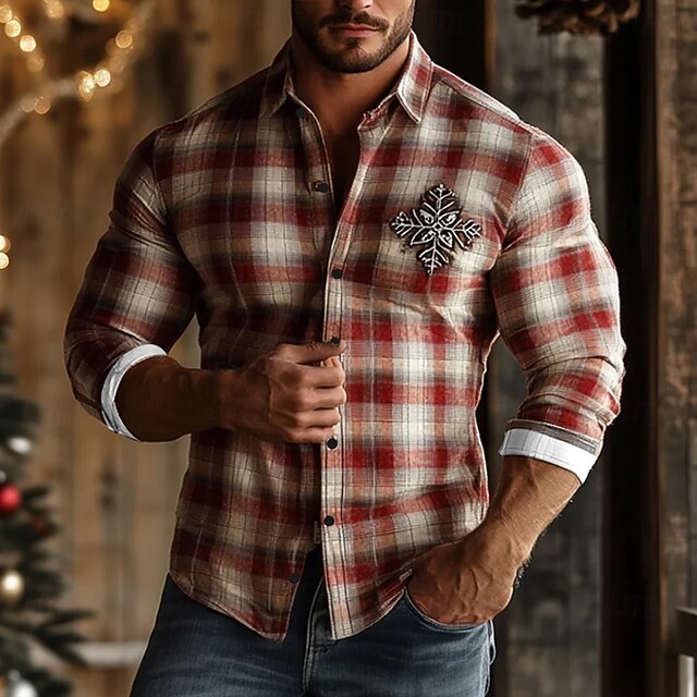 Men's Geometric Grid / Plaid Snowflake Shirt Button Up Shirt Casual Dress Shirt Long Sleeve Vintage Retro Outdoor Casual Holiday Spring Fall Turndown 3D Print Linen Like Shirt Red4