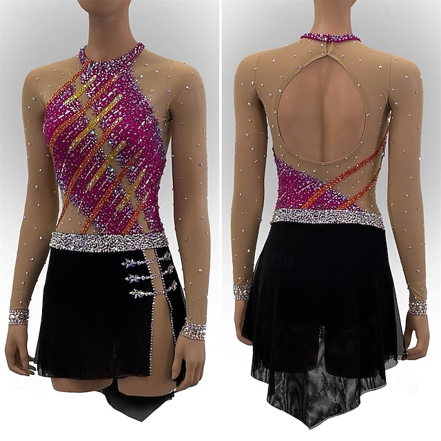  Figure Skating Dress Women's Girls' Ice Skating Dress Rose Red Patchwork Open Back Mesh Spandex High Elasticity Training Competition Skating Wear Classic Crystal / Rhinestone Long Sleeve Ice Skating