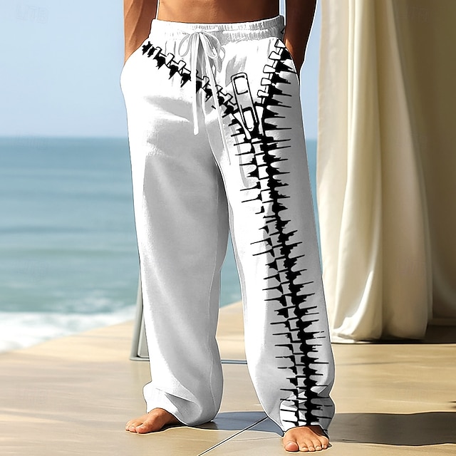  Herr 3D Print Dragkedja Långbyxor Säckiga byxor Casual byxor Medium Midja Mode Utomhus Semester Streetwear Elastisk dragsko i midjan Linneliknande byxor med fickor Vår Höst 3D-tryck Svart Vit Blå