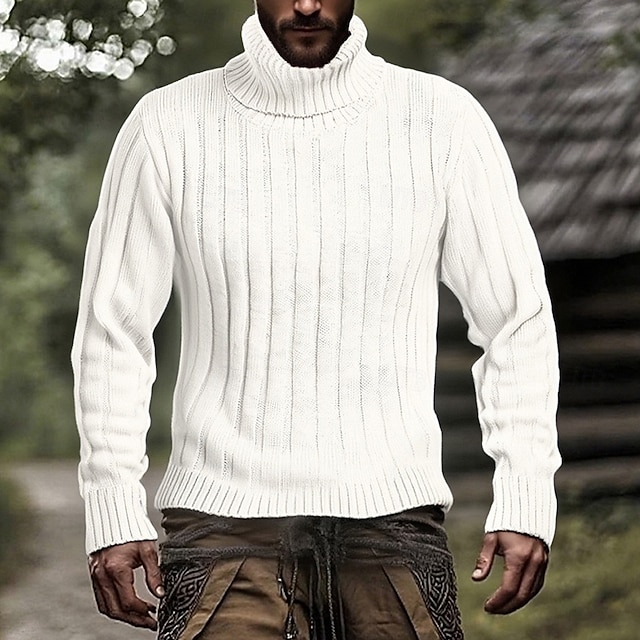  Herren Pullover Strickpullover Gerippt Stricken Normale Oberteile Gestrickt Einfach Rollkragen Mode Basic Urlaub Alltagskleidung Bekleidung Herbst Winter Schwarz Weiß M L XL