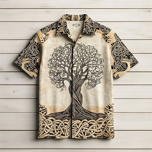 Men's Tree Of Life Shirt Summer Shirt Casual Shirt Short Sleeves Hawaiian Casual Resort Vacation Daily Wear Going out Summer Lapel Print Dark Brown Brown Khaki4