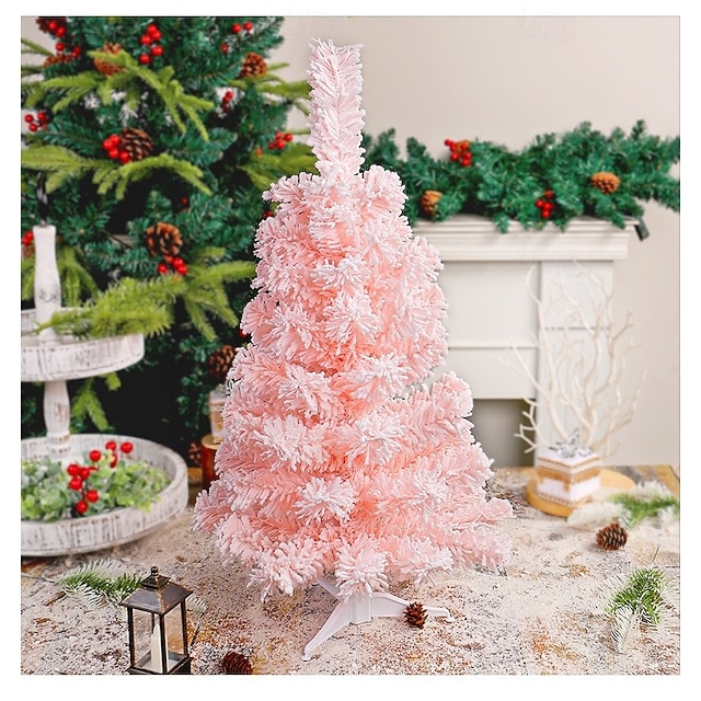  Christmas Mini Tree Tabletop Desktop Artificial Christmas Tree Xmas Decor Pink Flocked Snow Creative Design for Holiday Mall Window Display Festive Home Party Decoration Accessory