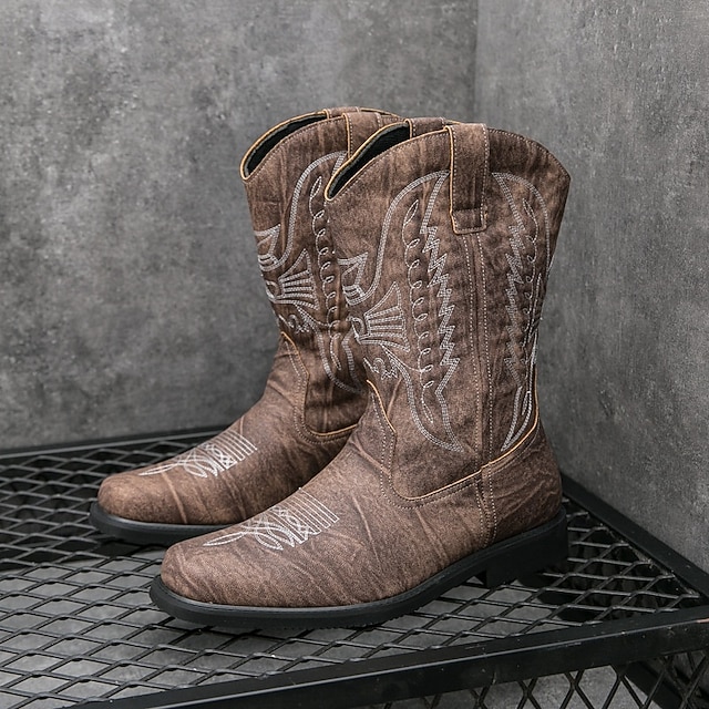  Bottes de cowboy western pour hommes, bout carré, à enfiler, mi-mollet, chaussures décontractées de style campagnard pour un usage quotidien
