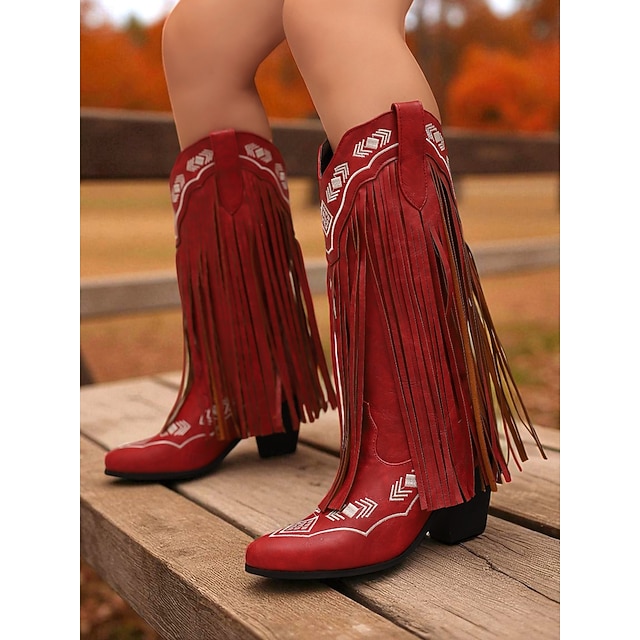  cizme cowboy pentru femei cu franjuri western – cizme până la genunchi din piele ecologică maro cu detalii brodate, stil retro country pentru rodeo, festivaluri de toamnă și modă la fermă