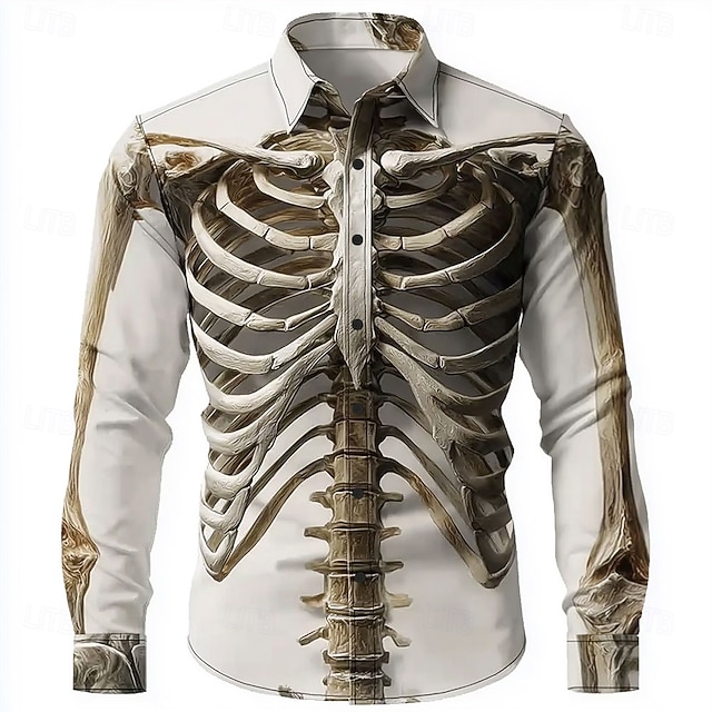  Halloween Per uomo Illusione ottica Scheletro Camicia Camicia con Bottoni Manica Lunga Stile gotico oscuro All'aperto Ferie Primavera Autunno Collo ripiegato Stampa 3D Camicia tipo lino Bianco 1