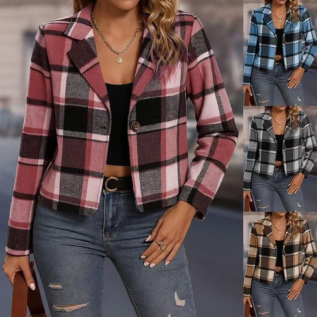  Γυναικεία Casual Jacket Άνετο Αναπνέει Στάμπα Καθημερινό Καρό Διακοπές Δρόμος Causal Καθημερινά Ρούχα Μονόπετο Κοντό Απορρίπτω Κανονικό Μακρυμάνικο Εξωτερικά ενδύματα Ουρανί Φούξια Χακί
