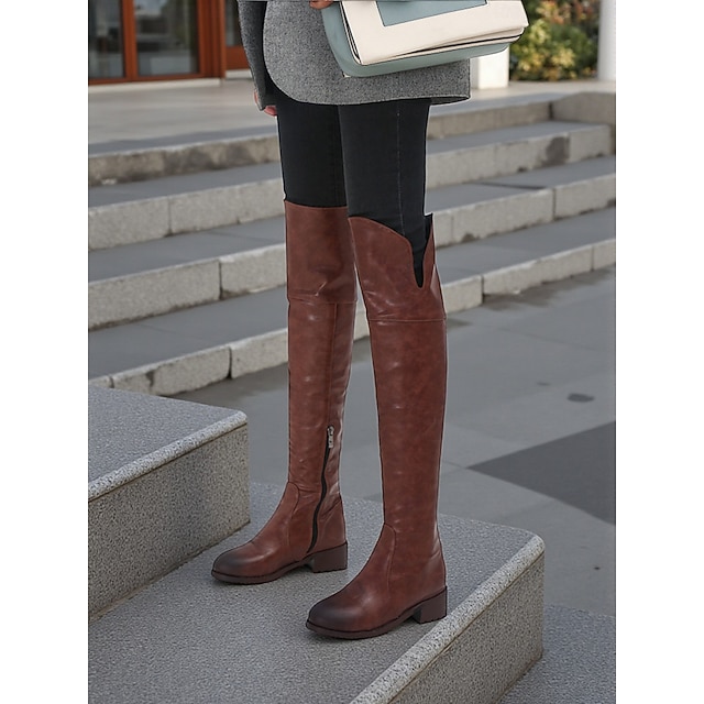  Naisten polven yli ulottuvat saappaat sivuvetoketjulla, matalalla korolla ja ratsastustyylillä varustetut kengät rentoon katutyyliin ja kaupunkikäyttöön.