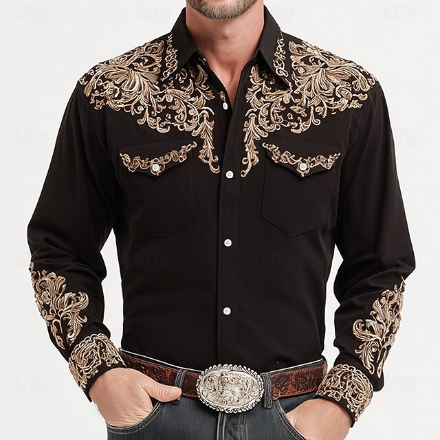 Men's Scroll Floral Print Ethnic Shirt Western Shirt Cowboy Shirt Long Sleeve Vintage Retro Outdoor Casual WorkWear Spring Fall Turndown Front Two Pockets Linen Like Shirt Button Up Shirts Black4