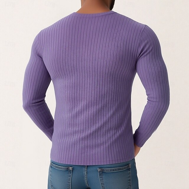 Men's Slim Fit Ribbed V-Neck Long Sleeve Shirt Fitted Casual Knit ...