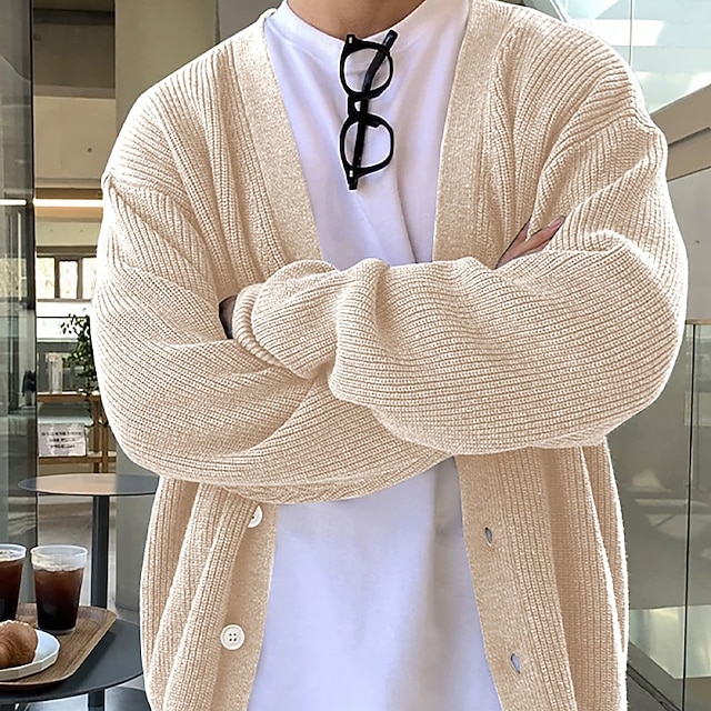  Herren Pullover Strickjacke Gerippt Stricken Normale Oberteile Gestrickt Einfach Kragenlos Urlaub Mode Lässig Alltagskleidung Bekleidung Frühling & Herbst Beige M L XL