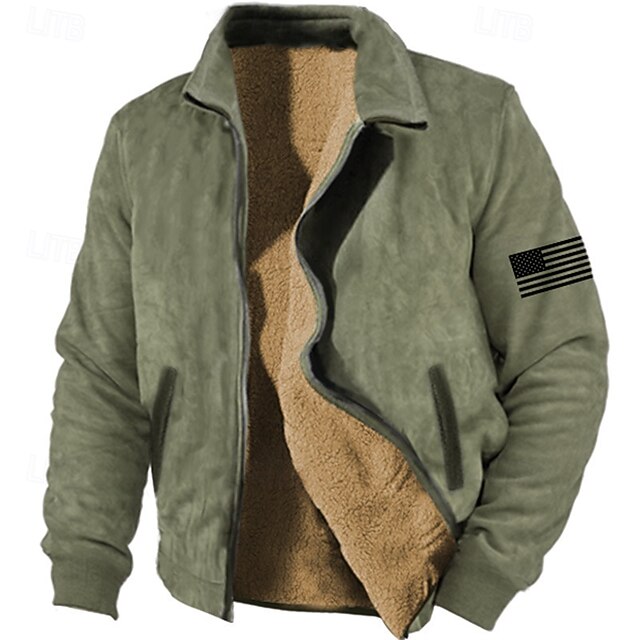 Men's Winter Jacket Fleece Jacket Casual Jacket Vacation Daily Thermal Warm Pocket Fleece Winter National Flag Fashion Streetwear Standing Collar Regular Army Green Jacket2