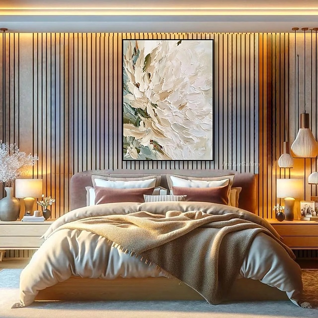  florales abstraktes Ölgemälde auf Leinwand beige weiß strukturierte Wandkunst minimalistisch weiche Palette Messer Wandkunst große moderne neutrale Wohndeko