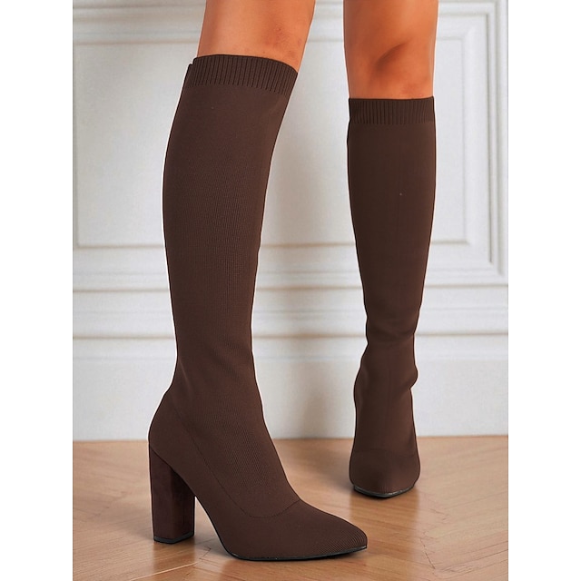  Cizme roșii până la genunchi pentru femei - cizme lungi, cu vârf ascuțit și toc gros, din tricot elastic, pentru ținute la modă de toamnă-iarnă, petreceri și look-uri streetwear