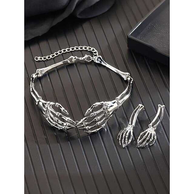 Gothic Skeleton Hand Earrings & Necklace Set - Halloween Punk Jewelry For Men & Women