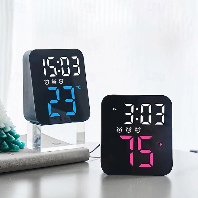  Relógio de parede digital LED com display de temperatura e tempo, despertador de mesa com brilho ajustável, decoração para casa e mesa, relógio eletrônico