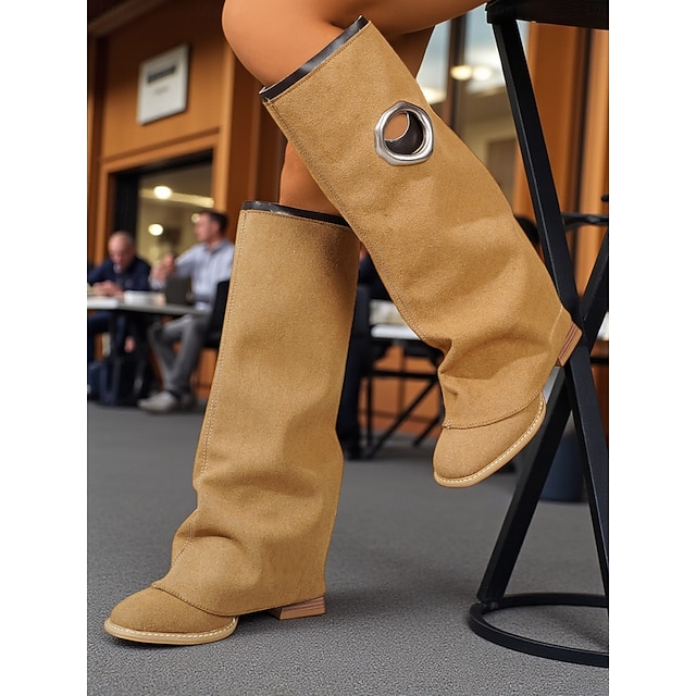  Bottes à tige repliable en daim pour femmes avec anneau en métal - Design tendance à hauteur du genou, chaussures de style urbain tendance pour les tenues de ville décontractées et modernes pour