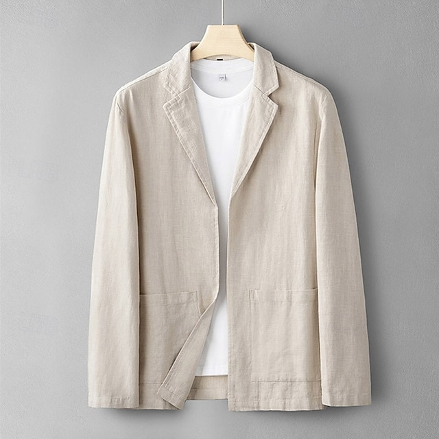  Herr Linne blazer Kavaj Företag Cocktailfest Bröllopsfest Mode Ledigt Vår Höst Linne- / bomullsblandning Slät Ficka Knappar Bekväm Enkelknäppt Blazer Marinblå Aprikos Grå