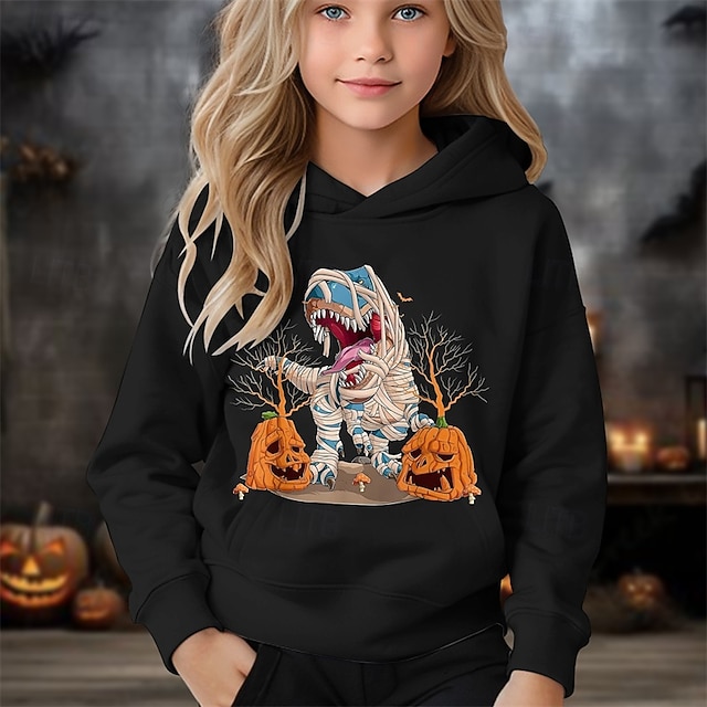  Halloween Pojkar 3D Pumpa Dinosaurie Huvtröja Långärmad Vår Höst Mode Streetwear Barn 4-12 år Huva Utomhus Ledigt Dagligen Normal