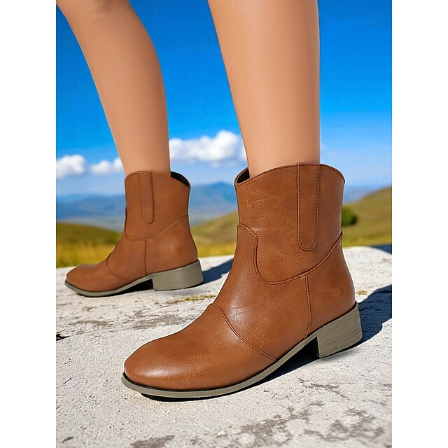 Botines de piel sintética color vino tinto para mujer: botas cortas de tacón bajo estilo western informal para el trabajo, viajes y atuendos cotidianos.