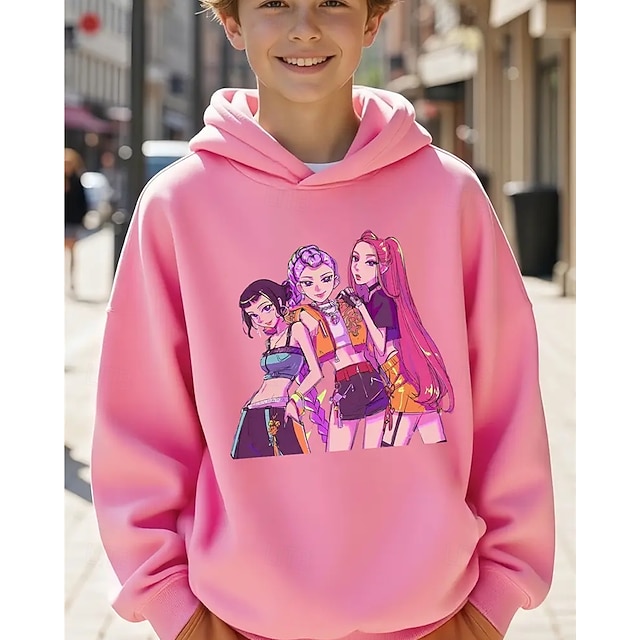  Kpop Demon Hunters pojkhuvtröja med grafisk design - långärmad, avslappnad tröja med livfullt anime-tryck för höst/vinter, perfekt för vardagskläder eller speciella tillfällen. Kpop-huvtröja
