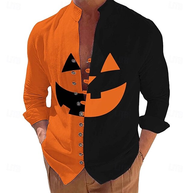 Halloween Men's Pumpkin Halloween Costumes Shirt Stand Collar Shirt Long Sleeve Dark Gothic Style Outdoor Holiday Spring Fall Mandarin Collar Band Collar Button-Down Linen Like Shirt Black / Orange4