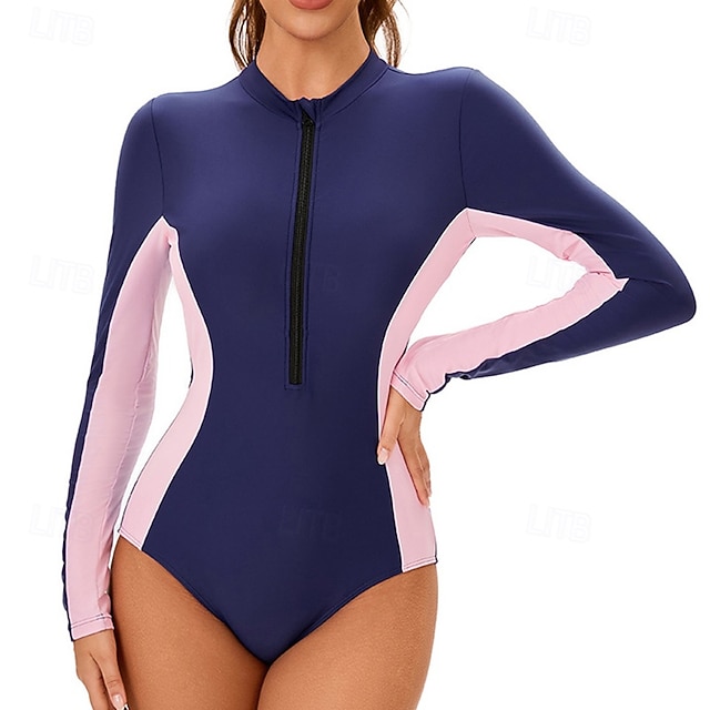  Dame Badedrakt Rash-guard UV Solbeskyttelse UPF50+ Langermet Badetøy Ta igjen glidelåsen Svømming Surfing Lapper Sommer Vår Høst