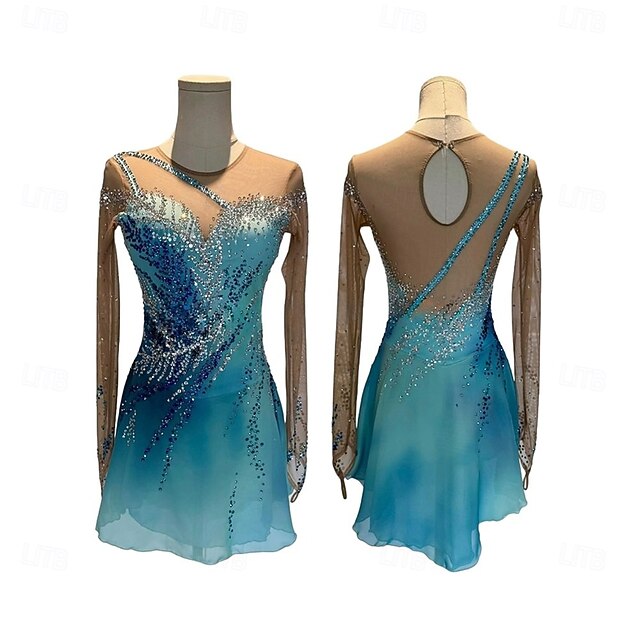 Figure Skating Dress Women's Girls' Ice Skating Dress Blue Patchwork Thumbhole Mesh Spandex High Elasticity Training Competition Skating Wear Classic Crystal / Rhinestone Long Sleeve Ice Skating2