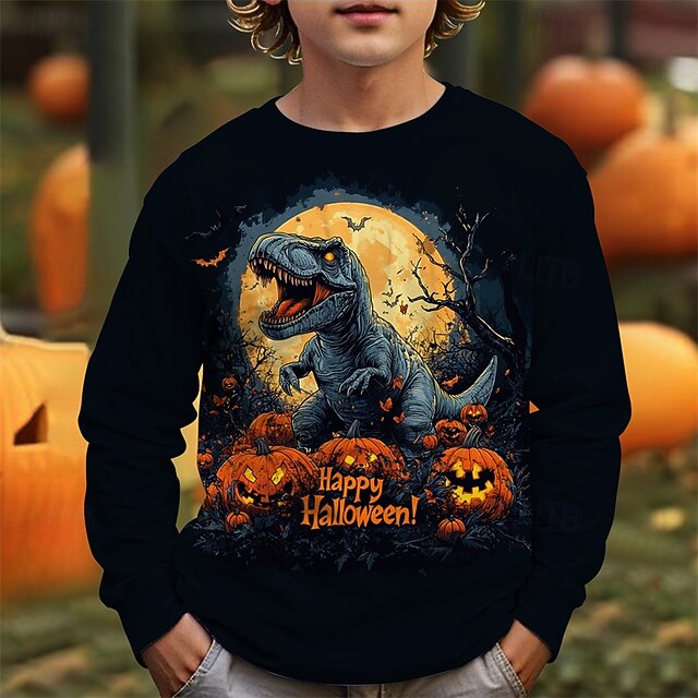 Halloween Boys' 3D Cartoon Pumpkin Dinosaur T shirt Tee Long Sleeve Spring Fall Fashion Basic Kids 4-12 Years Crew Neck Outdoor Casual Daily Regular Fit4