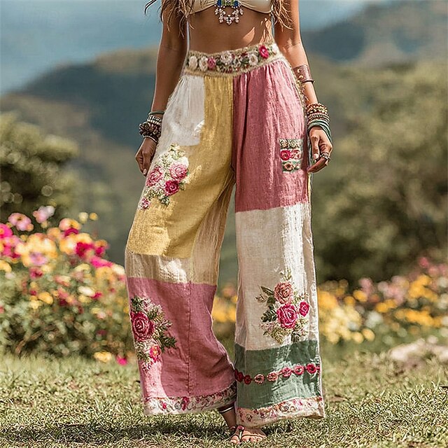 Women's Wide Leg Pants Trousers Palazzo Pants Vintage Boho Full Length High Waist Color Block Flower Elastic Waist Printing Breathability Comfortable Street Daily Wear Going out Pink Spring Fall4