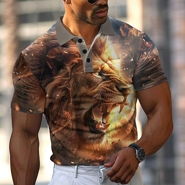 Men's Lion Polo Shirts Golf Shirt Short Sleeve Polo Shirts Collared Shirts Funny Streetwear Vacation Wear Party Outfits Buttons 3D Print Spring & Summer Orange4