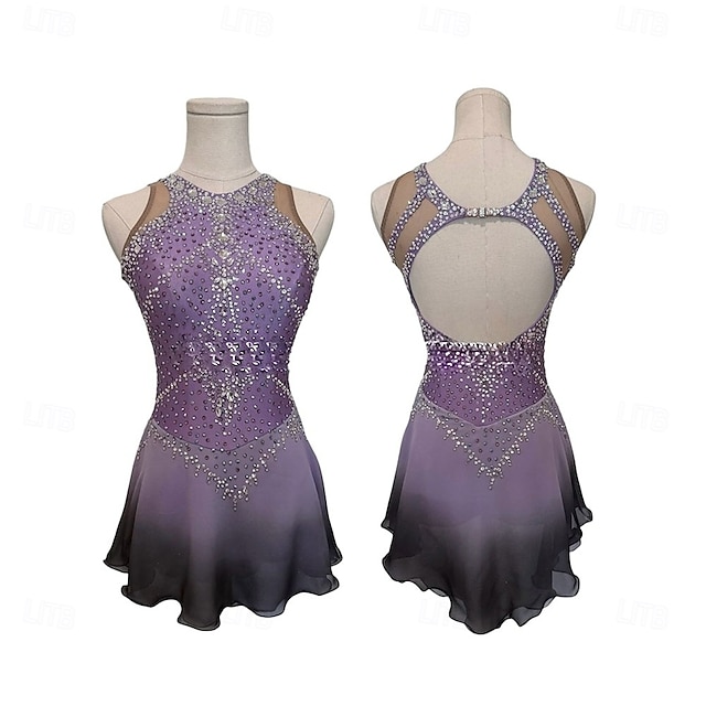  Figure Skating Dress Women's Girls' Ice Skating Dress Light Purple Patchwork Open Back Mesh Spandex High Elasticity Training Competition Skating Wear Classic Crystal / Rhinestone Sleeveless Ice
