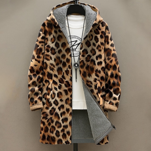  Herre Grafisk Leopardprint Vinterfrakk Fleece-jakke Frakk Hold Varm Bekvem Fritid Dagligdagstøy Glidelås Lomme 3D-utskrift Høst Vinter Med hette Langermet Gul Blå Brun