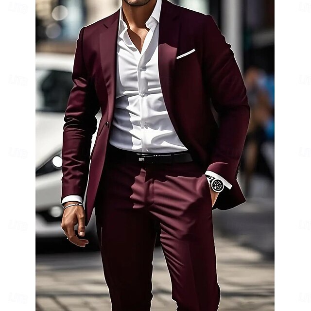 Men's Business Casual Wedding Suits Notch Lapel Burgundy Formal Solid Colored Slim Fit 2 Piece Single Breasted One-button2