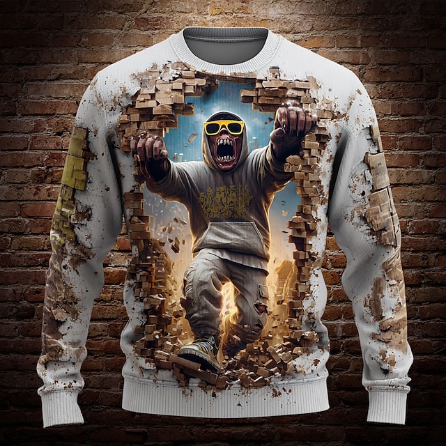  Herren Cartoon Pullover Strickware Rundhalsausschnitt Lässig Urlaub Straße Täglich 3D-Druck Grafik warm halten Langarm Frühling Herbst Winter Weiß